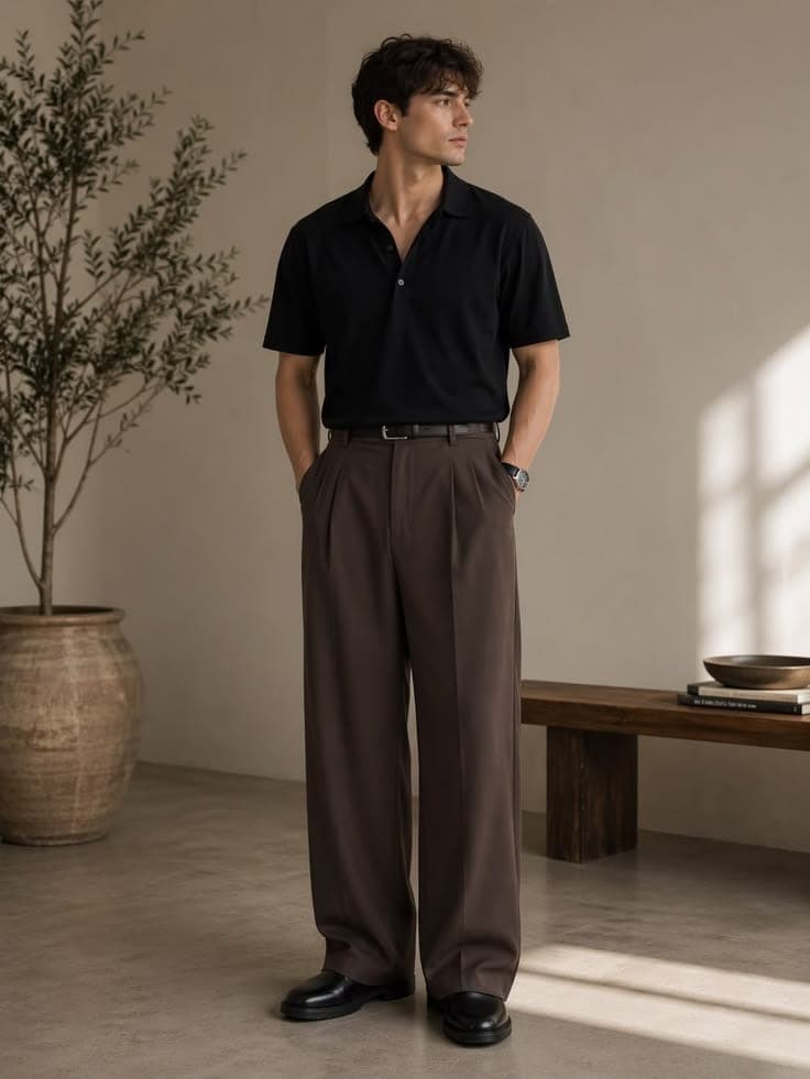 Pantalon large à pinces coloris espresso