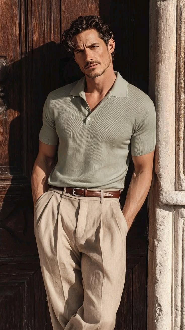 Polo en maille côtelée coloris sauge, porté avec un pantalon à pinces en lin